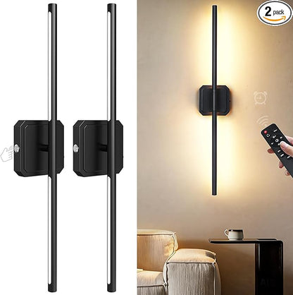 Battery Operated Wall Sconces Set of 2, 𝐔𝐩𝐠𝐫𝐚𝐝𝐞𝐝 Rechargeable Wall Lights with Remote Control, LED Wall Sconces Black, 3000K-6000K Dimmable 360° Rotatable for Living Room, Bedroom, 28''