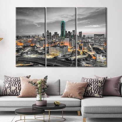 TUMOVO Dallas Texas USA Downtown Skyline Modern Home Decor 3 Panels Skyscrapers Nighttime Lightscape Pictures Canvas Wall Art for Bedroom, Living Room, Office. Ready to Hang (60" Wx40 H)