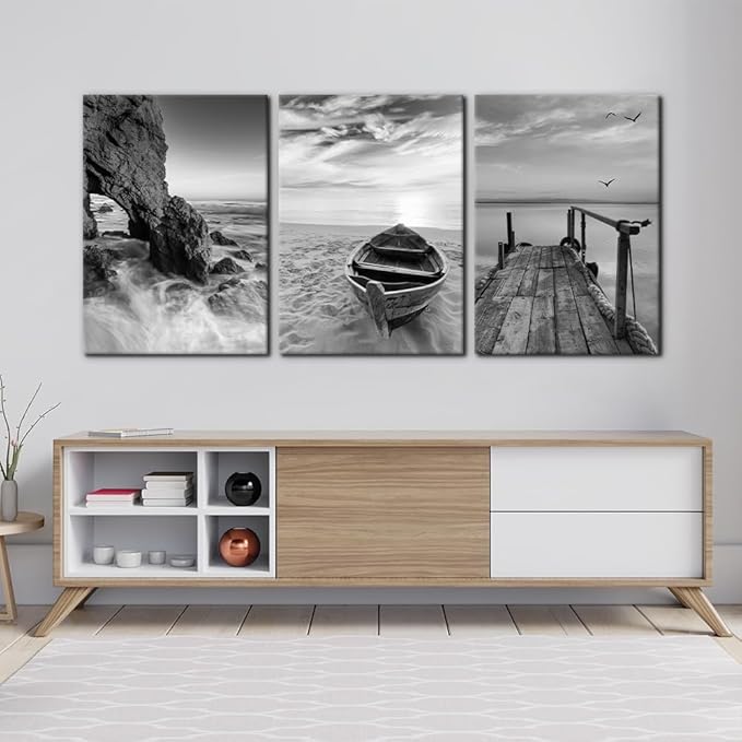 Pacimo 3 Panels Set Framed Canvas Wall Art Print for Seascape Beach and Boat Sunrise Scenery Black and White Giclee Canvas Print Modern Artwork for Wall Decor Ready to Hang - 20"x28"x3 Panels