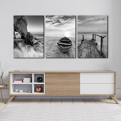 Pacimo 3 Panels Set Framed Canvas Wall Art Print for Seascape Beach and Boat Sunrise Scenery Black and White Giclee Canvas Print Modern Artwork for Wall Decor Ready to Hang - 20"x28"x3 Panels