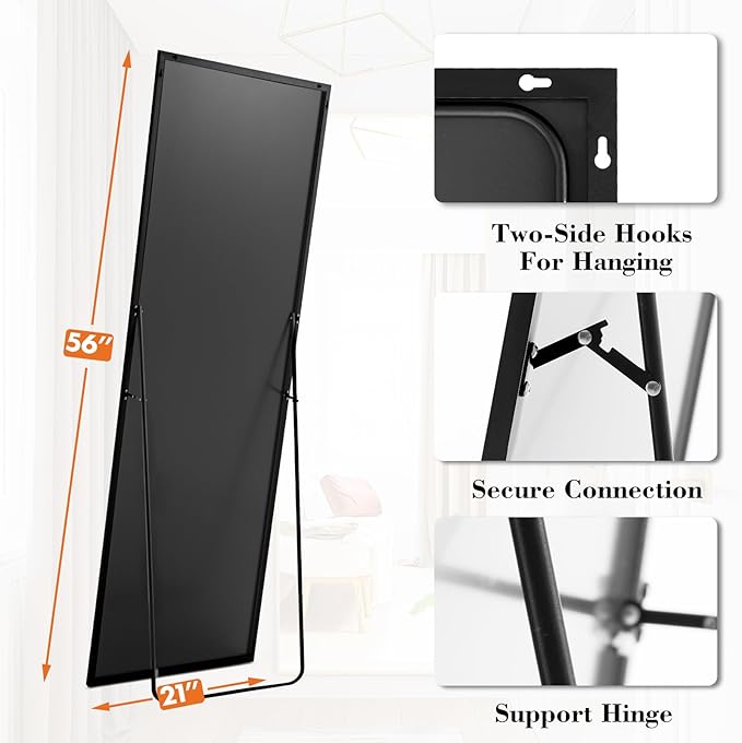 Sweetcrispy 56"x21" Full Length Mirror, Full Body Mirror with Aluminum Alloy Thin Frame, Leaning or Standing, Suitable for Bedroom, Livingroom, Cloakroom, Black