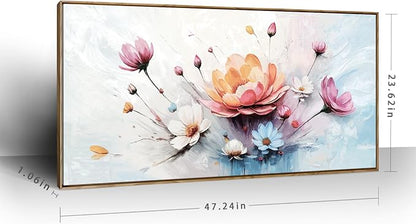 Large Framed Modern Canvas Wall Art, Abstract Natural Plant Print, Pink, Orange And Blue Textured Floral Artwork, Natural Wood Frame, Plant-Themed Wall Decoration, Suitable For Living Room, Bedroom, Dining Room, Study, Office, 48X24 Inches.