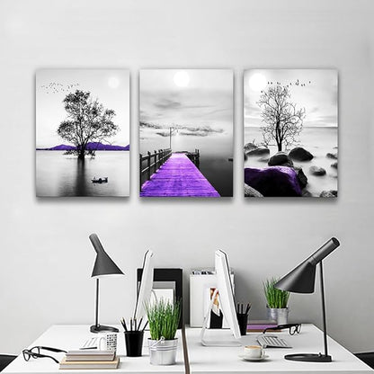 Modern Black And White Canvas Wall Art - Large Size Decor For Living Room And Bedroom - Purple Scenery Artwork Prints - Dormitory Decor