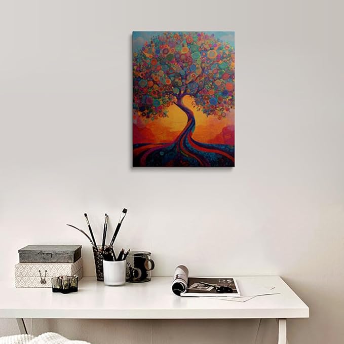 Cool Colorful Boho Abstract Picture Wall Decor Framed Fantasy Texture Blooming Tree of Life Graffiti Canvas Wall Art Modern Prints Poster Country Painting for Living Room Bathroom Bedroom16x24 Inches