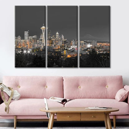 TUMOVO Seattle Downtown Skyline Canvas Paintings Wall Art 3 Panel City Skyscrapers Skyline Wall Decor for Living Room, Bedroom, Bathroom, Office. Framed Ready to Hang (36" Wx24 H)