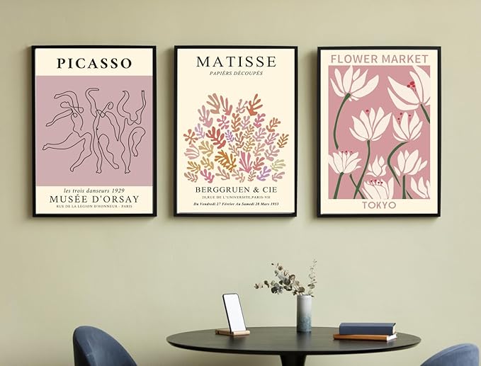 MINI ZOZI Matisse Wall Art Flower Market Prints 16X24 3PCS Picasso Wall Decor Large Canvas Pink Posters Trendy Funky Aesthetic Abstract Line Minimalist Poster Danish Pastel Painting Bedroom Printing