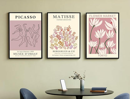 MINI ZOZI Matisse Wall Art Flower Market Prints 12x16 3PCS Picasso Wall Decor Large Canvas Pink Posters Trendy Funky Aesthetic Abstract Line Minimalist Poster Danish Pastel Painting Bedroom Printing