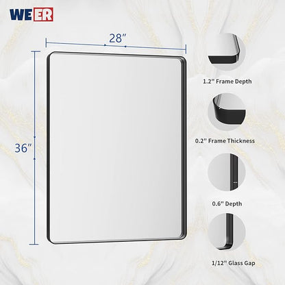 WEER Black Bathroom Mirror for Wall 28X36 Inch, Rectangular Black Metal Framed Vanity Mirror, Farmhouse Bathroom Mirror with Tempered Glass, Rounded Corner, Anti-Rust (Horizontal/Vertical)