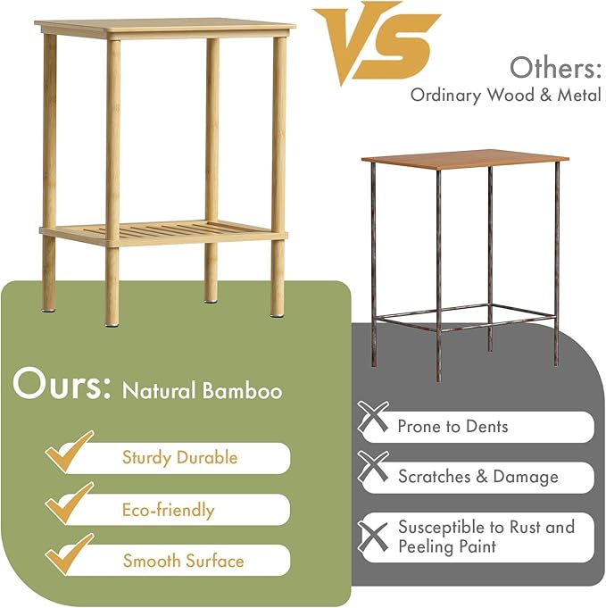2 Tier Bamboo End Table, Narrow Side Table with Adjustable Feet, Waterproof Small Bedside Table, Nightstand, Entryway Table for Living Room Bedroom Bathroom, No Tool Assembly, 66LBS Capacity
