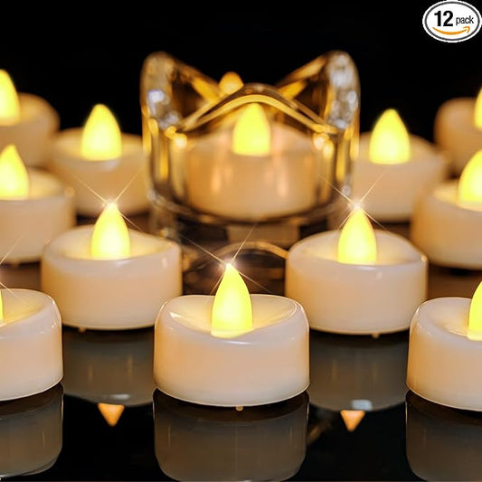 Merrynights LED Candles, 12-Pack Battery Operated Tea Lights, Flameless Flickering Tealights for Fall Home Party Wedding in Warm Yellow, 1.5'' D X 1.25'' H