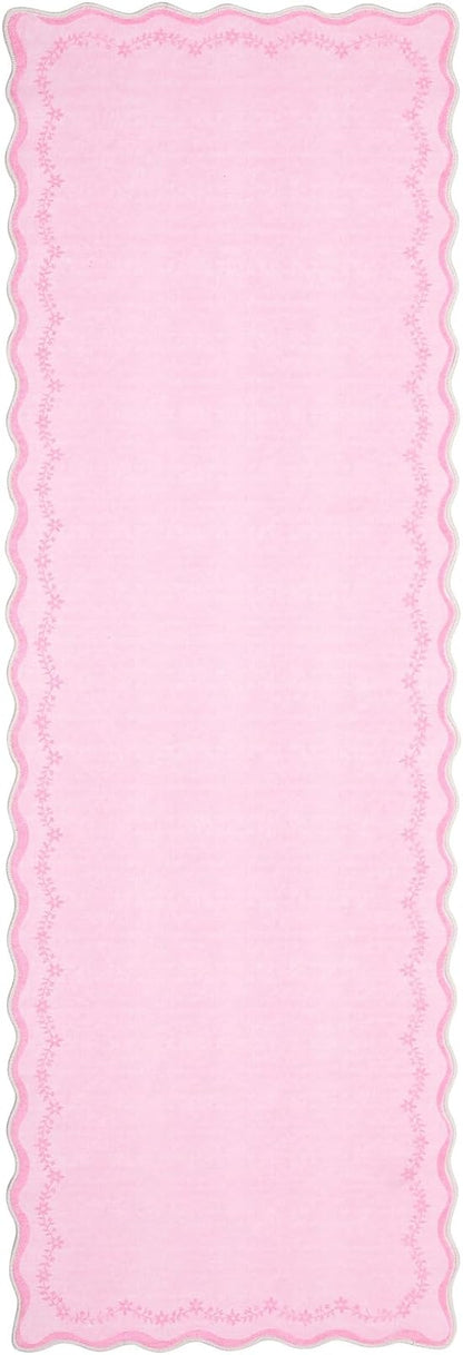GarveeHome 2x6 Scalloped Washable Runner Rug for Girls Bedroom, Soft Pink Hallway Runner Non Slip Entryway Rug Farmhouse Thin Laundry Mat Stain Resistant Carpet for Kitchen Bathroom Rug