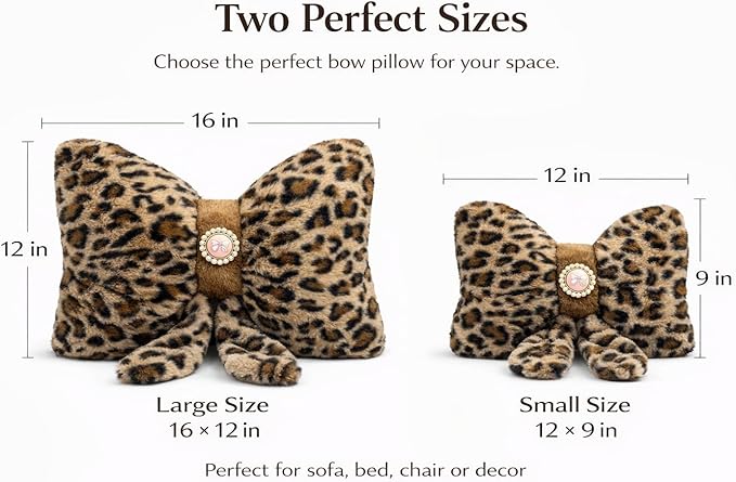 Leopard Print Bow Pillow 16x12 Inch, Cute Plush Bow Shaped Decorative Accent Pillow, Animal Print Room Decor for Bedroom Bed Sofa Chair