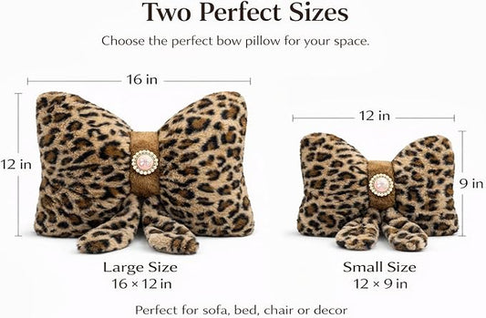 Leopard Print Bow Pillow 16x12 Inch, Cute Plush Bow Shaped Decorative Accent Pillow, Animal Print Room Decor for Bedroom Bed Sofa Chair