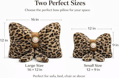 Leopard Print Bow Pillow 12x9 Inch, Cute Plush Bow Shaped Decorative Pillow with Back Strap, Animal Print Room Decor for Bedroom Chair Couch Car