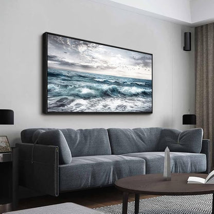 QIYILEXWART Black Framed Canvas Wall Art For Living Room Large Wall Decor For Office Bedroom Decoration Modern Watercolour Picture Ocean Waves Painting Artwork Room Ready To Hang