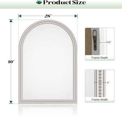 Boho Mirror for Wall, 28" x 40" Farmhouse Arched Rustic Wooden Frame Mirror with Beaded, Arch Decorative Wall Mirrors for Bathroom, Vanity, Living Room, Entryway