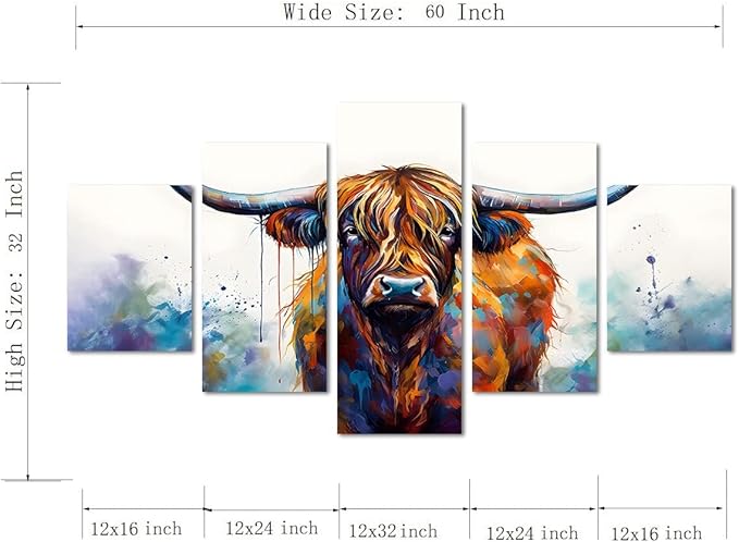 Highland Cow Abstract Canvas Wall Art 5 Panels Farmhouse Posters Graffiti Home Decor Artwork Wild Animal Prints Living Room Framed 60'' x 32''
