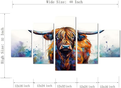 Highland Cow Abstract Canvas Wall Art 5 Panels Farmhouse Posters Graffiti Home Decor Artwork Wild Animal Prints Living Room Framed 60'' x 32''