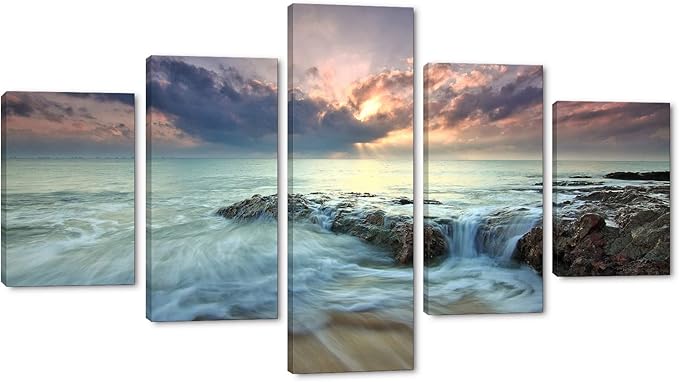 Yatsen Bridge 5 Pieces Canvas Wall Art Sea Water and Rocks Picture Prints Modern Wrapped Giclee Canvas Artwork Ready to Hang for Living Room Bedroom Home Wall Decorations Large Size- 60'' W x 40''H