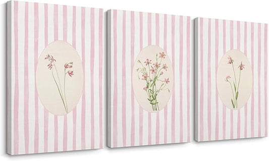 Pink Flower Wall Art Striped Floral Prints Botanical Canvas Wall Decor Aesthetic Pictures Pastel Pink Floral Poster Minimalist Flower Painting for Girl Room 12x16 Inch Wrapped Canvas Set of 3