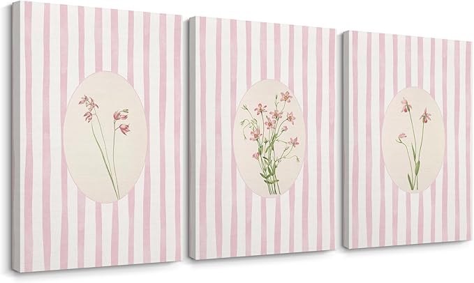 Pink Flower Wall Art Striped Floral Prints Botanical Canvas Wall Decor Aesthetic Pictures Pastel Pink Floral Poster Minimalist Flower Painting for Girl Room 16x24 Inch Wrapped Canvas Set of 3