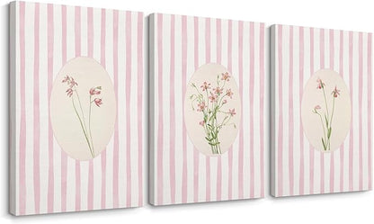 Pink Flower Wall Art Striped Floral Prints Botanical Canvas Wall Decor Aesthetic Pictures Pastel Pink Floral Poster Minimalist Flower Painting for Girl Room 16x24 Inch Wrapped Canvas Set of 3