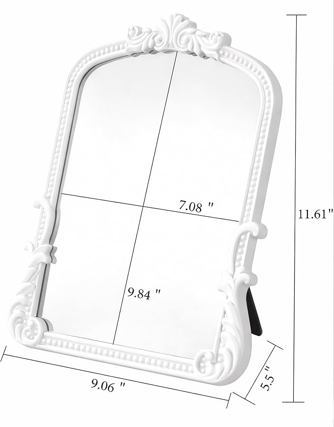 Vintage Vanity Small Mirror with Stand,Gold Decorative Mirrors for Wall,Antique Desk Eclectic Home Dresser Decor Small Mirror,Bathroom, Bedroom, Makeup Desk, Wall Entry,11.6" L x 9.0" W White