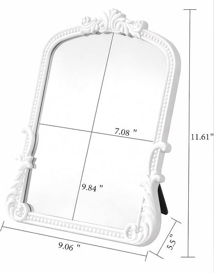 Vintage Vanity Small Mirror with Stand,Gold Decorative Mirrors for Wall,Antique Desk Eclectic Home Dresser Decor Small Mirror,Bathroom, Bedroom, Makeup Desk, Wall Entry,11.6" L x 9.0" W White