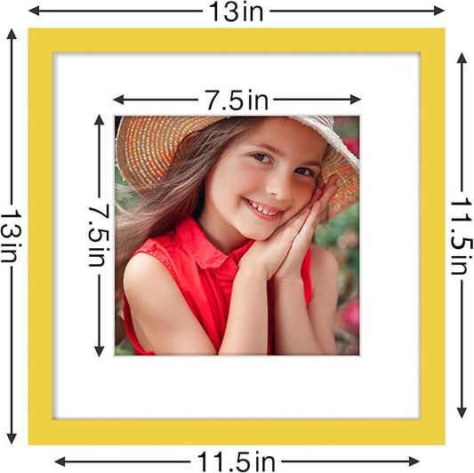 Vittanly 12x12 Picture Frames Set of 9, Shatter Resistant Plexiglass, Display 8x8 Pictures with Mat or 12x12 without Mat, Photo Frames for Wall Mount, Engineered Wood, Yellow