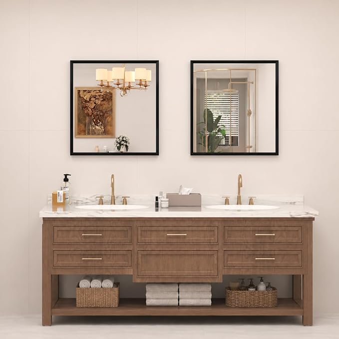 Black Framed Bathroom Mirror for Over Sink 30" x 30", Square Beveled Framed Vanity Mirror with Aluminum Alloy Frame, Right Angle Corner, HD Reflection