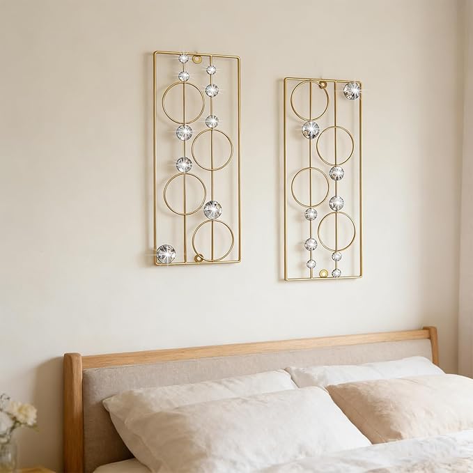 ZEXUIRU 2 Pack Bling Abstract Metal Wall Art Minimalist Line Jeweled Crystal Wall Decor Modern Geometric Rhinestone Hanging Wall Sculpture for Living Room Bedroom Bathroom Office