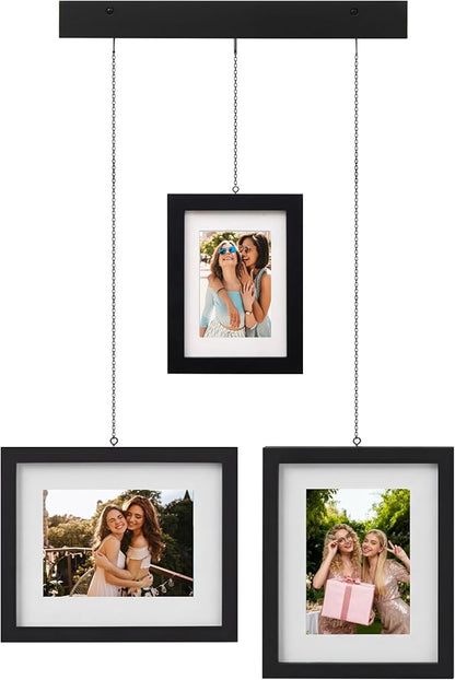 Solid Wood Gallery Wall Frame Set of 3, Black Hanging Picture Frames with Adjustable Chain Display, Fits 5x7 & 8x10 Photos, Acrylic Front, Modern Wall Decor