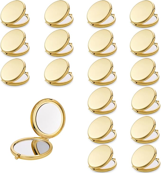 Compact Mirror for Purse, Metal Round Shell, Double-Sided 1X/2X Magnifying, Portable Travel Small Makeup Mirror, Mini Pocket Mirror, Gold, 18 Packs