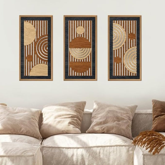 IARTTOP 3Pcs Mid Century Modern Wall Decor Framed Geometric Wood Wall Art Set Minimalist Abstract Line Panel Hanging Decor for Living Room Bedroom Office 8 x 16 Inch