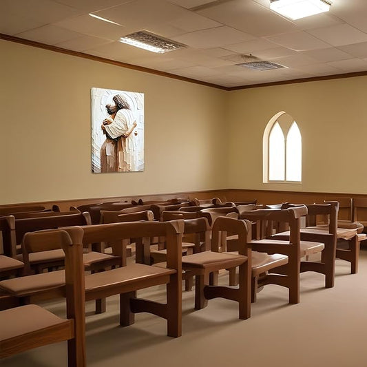 KADEYEE Jesus Embracing Woman Canvas Wall Art Woman Lying Safely In The Arms Of Jesus Wall Decor Religious Christian Prints Poster Pictures Home Decor for Bedroom Living & Prayer Room 16x24 inch