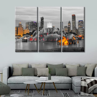 TUMOVO 3 Pieces Home Decor American Cityscape Wall Art Chicago Skyline Panorama with Skyscrapers and Buckingham Fountain at Twilight Bedroom Decor Wall Art Framed Ready to Hang (60" Wx40 H)
