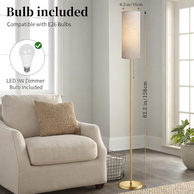 Ldeco Modern Floor Lamp for Living Room, Gold Standing Lamps with 3 Color Temperatures Bulb, Minimalist Tall Lamp with Chain Switch for Bedroom, LED Bulb Included(Beige Shade+Gold)