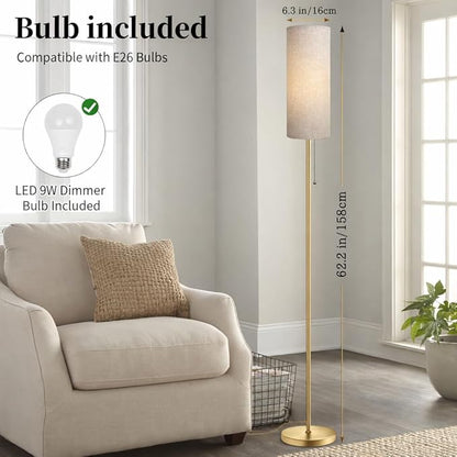 Ldeco Modern Floor Lamp for Living Room, Gold Standing Lamps with 3 Color Temperatures Bulb, Minimalist Tall Lamp with Chain Switch for Bedroom, LED Bulb Included(Beige Shade+Gold)
