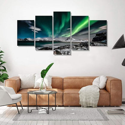 EPHANY Green Sky Night Painting - 5 Pieces Wall Art Art - Aurora Scenery Painting on Canvas Landscape Stretched and Framed Canvas Paintings Ready to Hang for Home Decorations Wall Decor