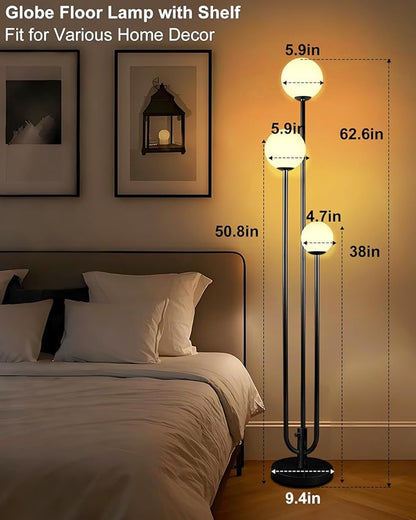 63IN 3-Light Dimmable Floor Lamp, Unique Black Tall Standing Lamps with 3000K Bulbs for Reading, Mid Century Modern Floor Lamp with 5Lbs Heavy Base for Living Room Bedroom Office