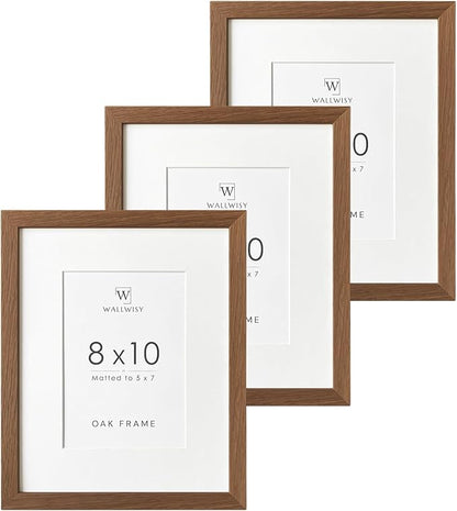 8x10 Picture Frame, Solid Oak Wood 8 x 10 Photo Frame with Mat to 5x7(Openning Size is 4.5x6.5), 10x8 Picture Frames for Wall and Tabletop Display, Natural Oak 8x10 Frame, (Walnut Set of 3)