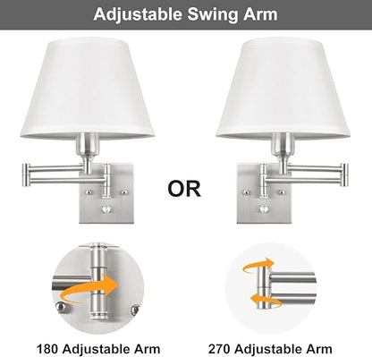 TRLIFE Wall Sconces Plug in, Remote Control Dimmable Wall Sconce and Adjustable Color Temperature 2700K-6500K, Swing Arm Wall Lights with Plug in Cord, 9.4" Medium White Fabric Shade(2 Pack, 2 Bulbs)
