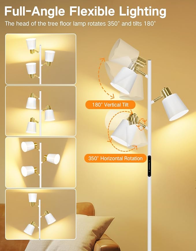 OUTON Tree Floor Lamp, LED Dimmable Floor Lamp with Remote and Touch Slide Control, 4 Color Temperatures, 3 Rotatable Lights, Modern Standing Lamp for Living Room Bedroom Office, Bulbs Included,White