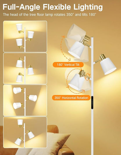 OUTON Tree Floor Lamp, LED Dimmable Floor Lamp with Remote and Touch Slide Control, 4 Color Temperatures, 3 Rotatable Lights, Modern Standing Lamp for Living Room Bedroom Office, Bulbs Included,White