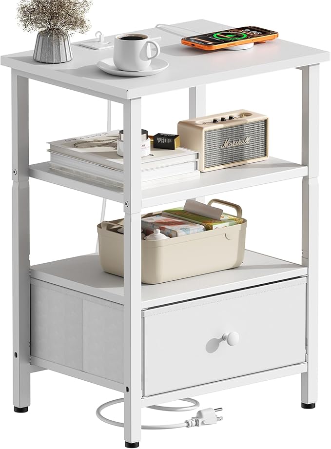 Side Table with Charging Station, Nightstand with Adjustable Fabric Drawer, Bedside Table for Bedrooms, Living Rooms & Home Decor (White)