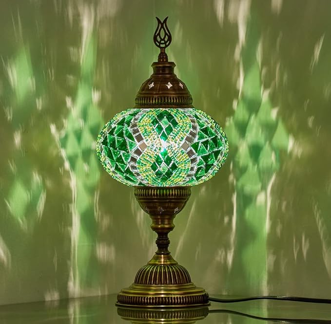 DEMMEX – 7" Large Globe Turkish Moroccan Mosaic Table Lamp, Handcrafted Tiffany-Style Colorful Glass Bedside, Desk & Table Light, Artisan Decor for Living Room or Bedroom, 14" H (Green)