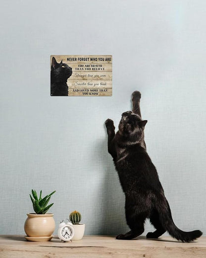 ALKB Never Forget Who You Are. Retro Metal Sign Black Cat Lovers Gift, Inspirational Wall Art Vintage Cat Decor for Home,Office,Bedroom 8 x 12 Inch