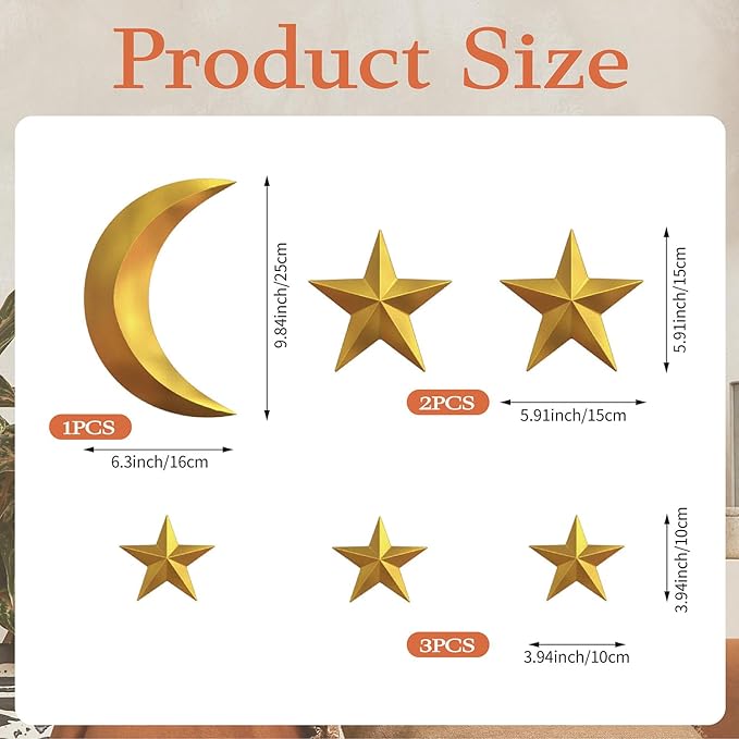 MidModArt 6PCS Mid Century Modern 3D Star Wall Art Gold Retro Starburst Sculptures Vintage Celestial Home Decor, Gold Moon