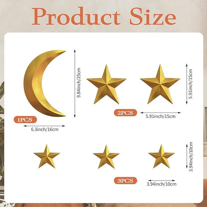 MidModArt 6PCS Mid Century Modern 3D Star Wall Art Gold Retro Starburst Sculptures Vintage Celestial Home Decor, Gold Moon