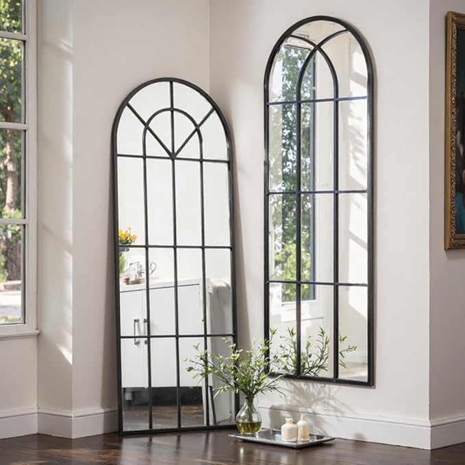 OGCAU Arched Full Length Mirror, 65"x22" Window Mirror, Floor Length Hanging or Leaning, Full Body with Iron Frame Window Pane for Bedroom Living Room (Black)